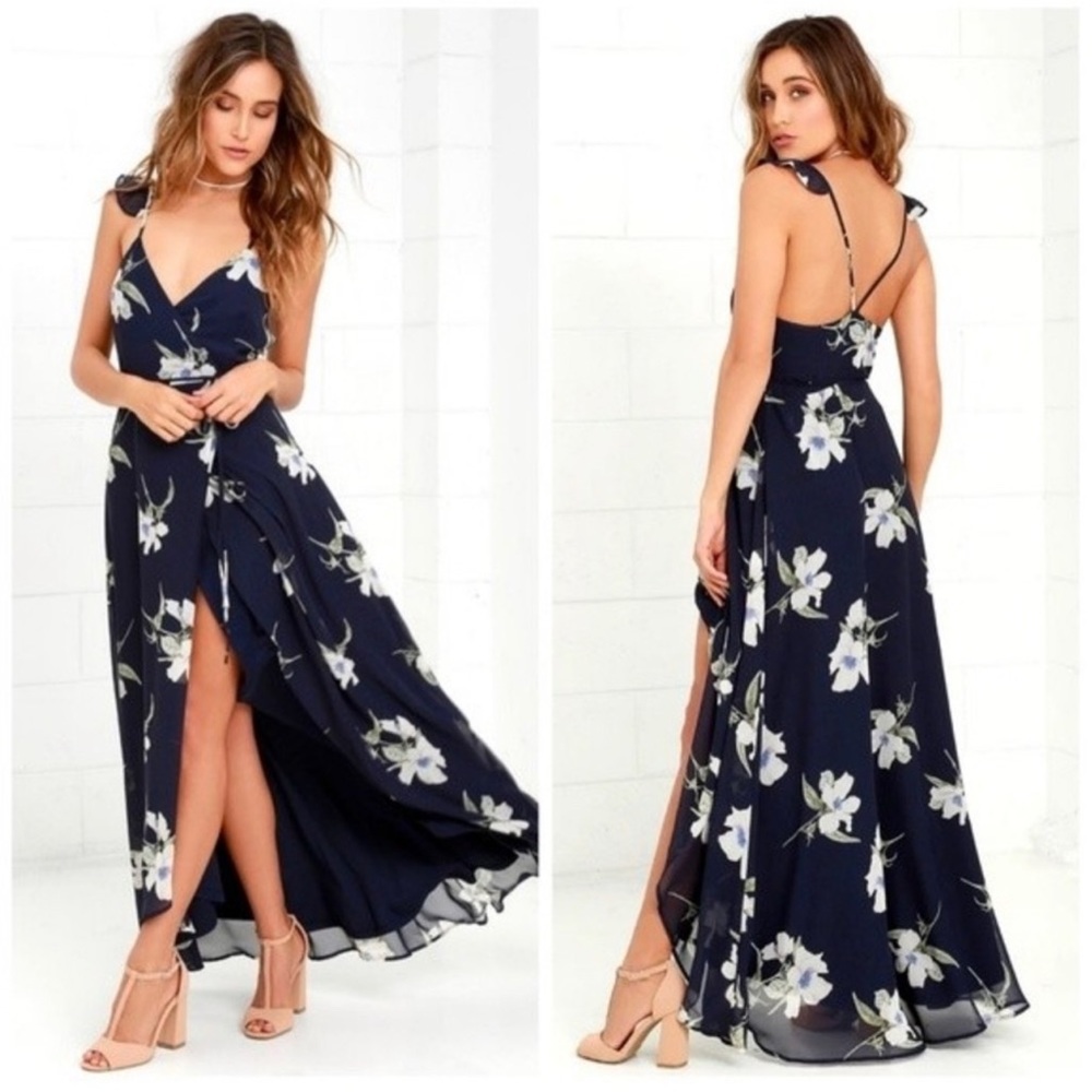 Lulus All Mine Navy Blue Floral Print High-Low Wrap Dress size M bridesmaid - Picture 1 of 13